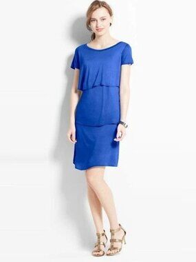 Ann Taylor Petite XSP Blue Tiered Dress Short Sleeve Pullover 100% Viscose
